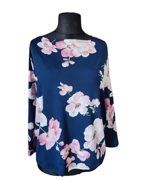 Granatowa bluzka Kimono w łódeczkę ze wzorem - białe magnolie